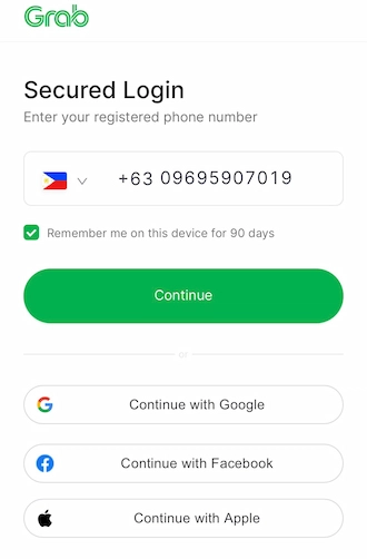 Step 3: Enter your phone number to log in to GrabPay.