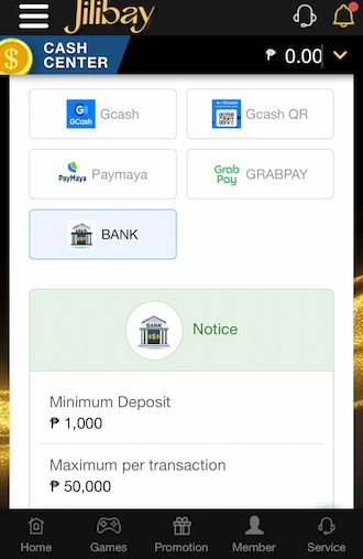 Step 1: choose the deposit method via Bank.